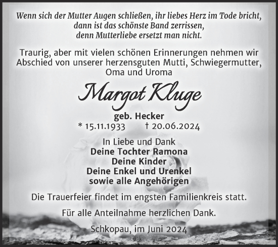Traueranzeige von Margot Kluge von Trauerkombi Merseburg