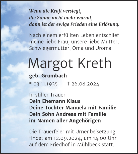 Traueranzeige von Margot Kreth von Trauerkombi Bitterfeld