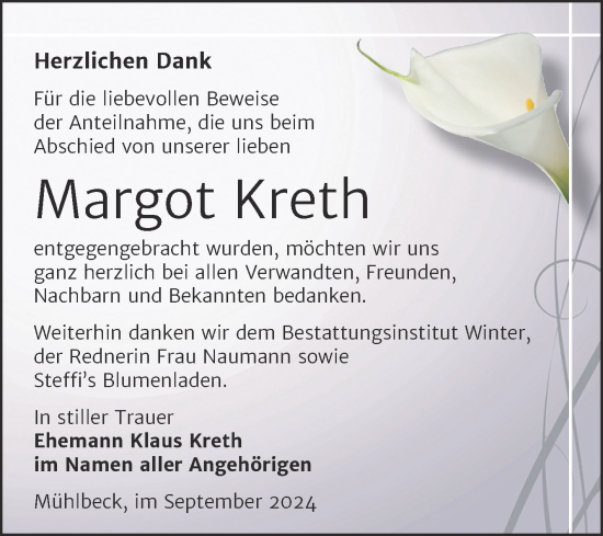 Traueranzeige von Margot Kreth von Trauerkombi Bitterfeld