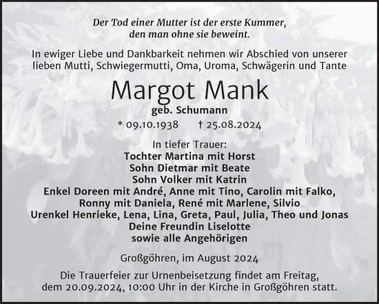 Traueranzeige von Margot Mank von Trauerkombi Weißenfels