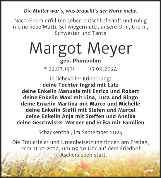 Traueranzeige von Margot Meyer von Trauerkombi Aschersleben