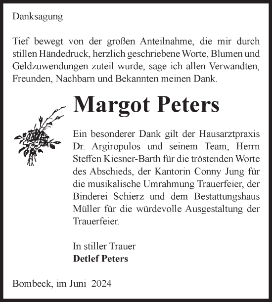 Traueranzeige von Margot Peters von Volksstimme Altmark West