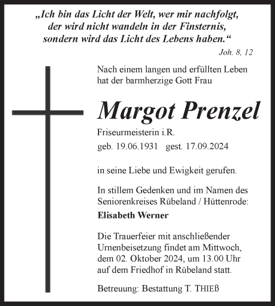 Traueranzeige von Margot Prenzel von Volksstimme Wernigerode