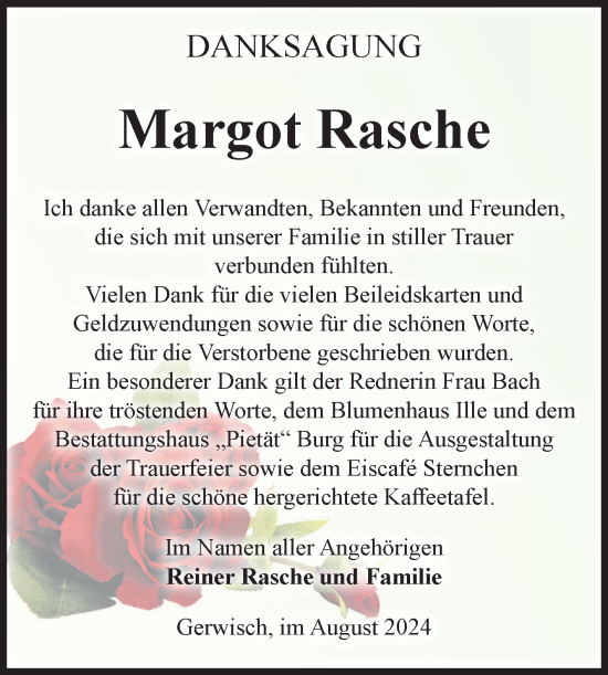 Traueranzeige von Margot Rasche von Volksstimme Burg/Genthin