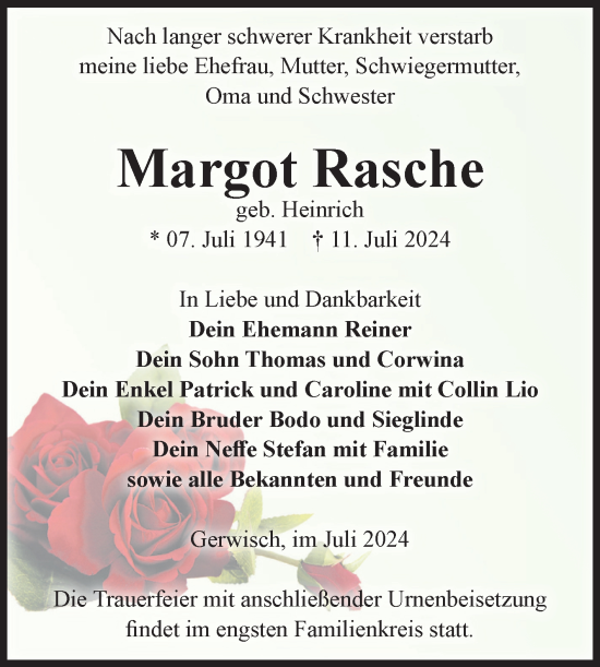 Traueranzeige von Margot Rasche von Volksstimme Burg/Genthin