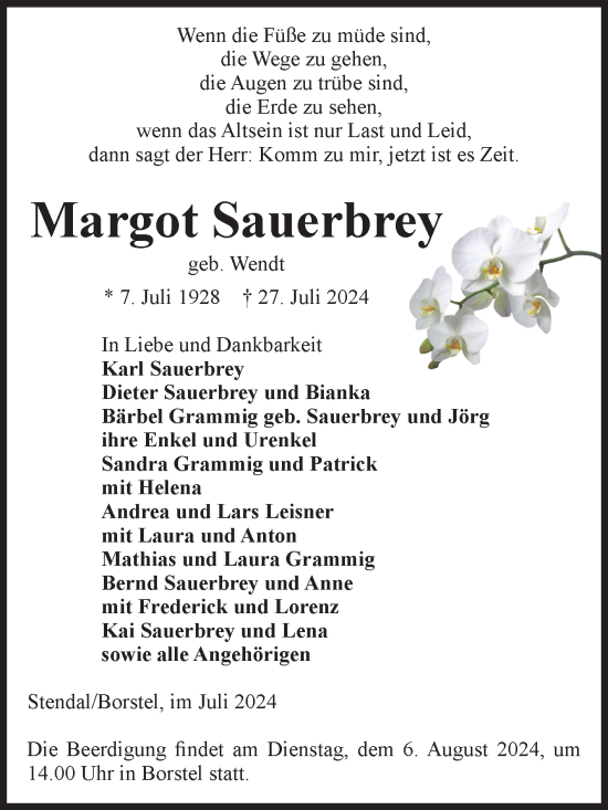 Traueranzeige von Margot Sauerbrey von Volksstimme Altmark Ost
