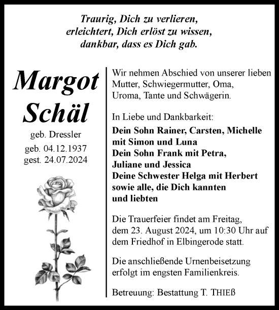 Traueranzeige von Margot Schäl von Volksstimme Wernigerode