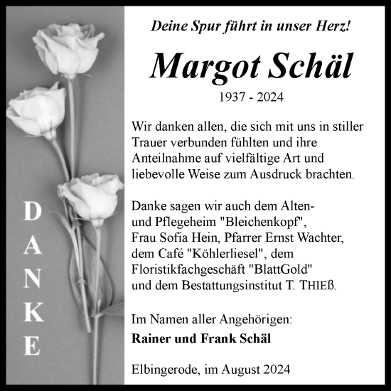 Traueranzeige von Margot Schäl von Volksstimme Wernigerode