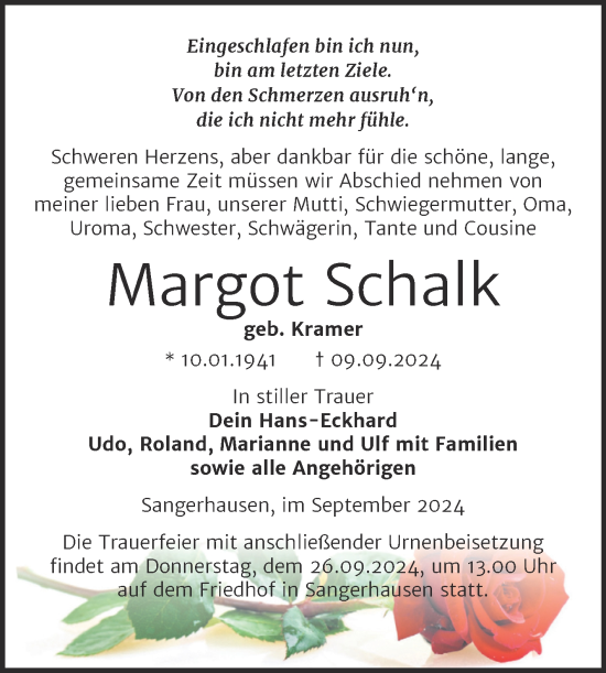 Traueranzeige von Margot Schalk von Trauerkombi Sangerhausen