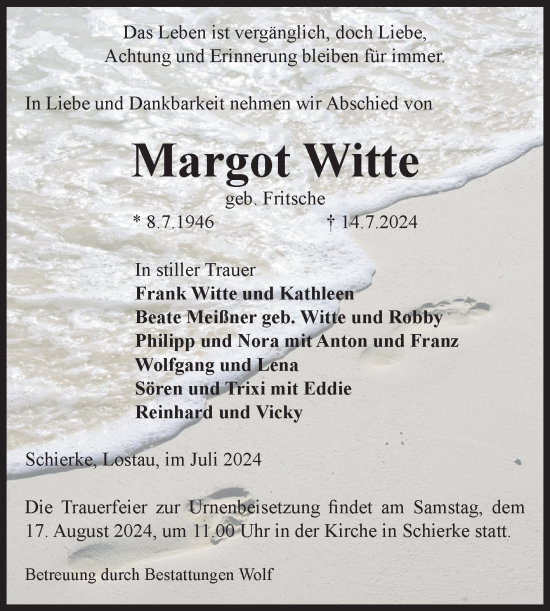 Traueranzeige von Margot Witte von Volksstimme Wernigerode