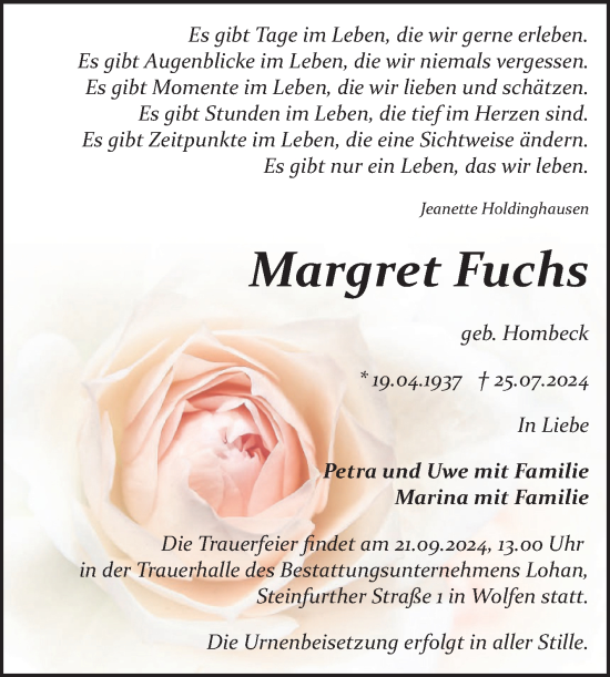 Traueranzeige von Margret Fuchs von Trauerkombi Bitterfeld
