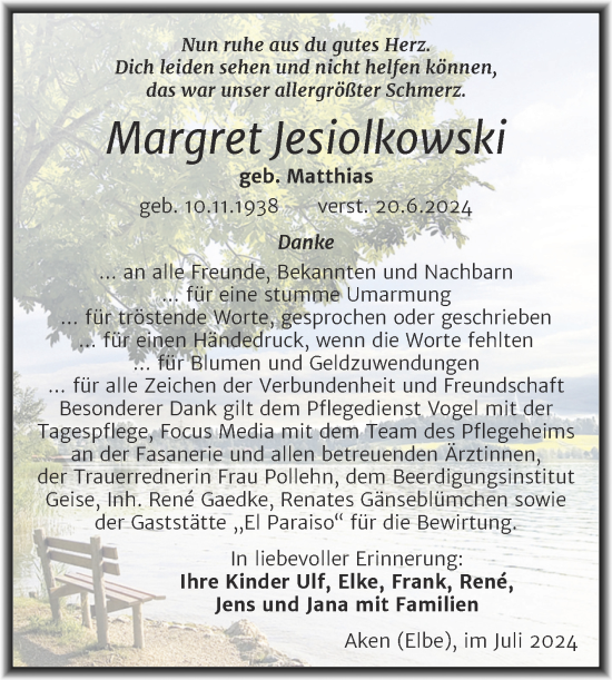 Traueranzeige von Margret Jesiolkowski von Trauerkombi Köthen
