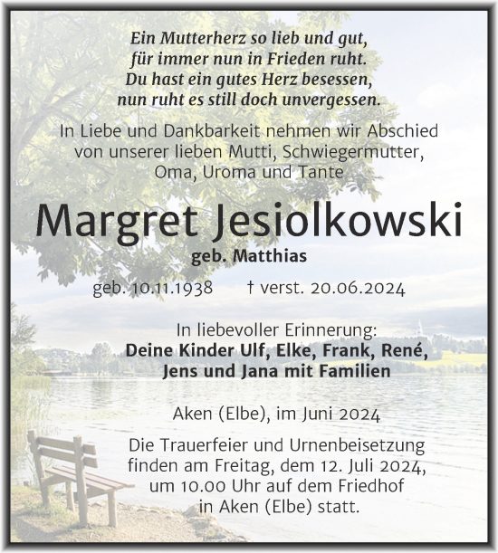 Traueranzeige von Margret Jesiolkowski von Trauerkombi Köthen