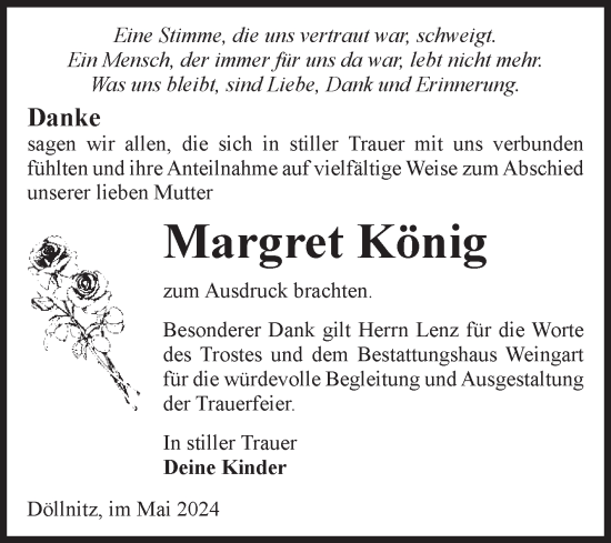 Traueranzeige von Margret König von Volksstimme Altmark Ost