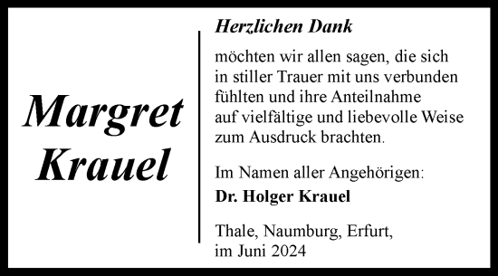 Traueranzeige von Margret Krauel von Trauerkombi Quedlinburg
