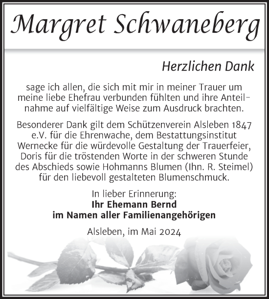 Traueranzeige von Margret Schwaneberg von Trauerkombi Bernburg
