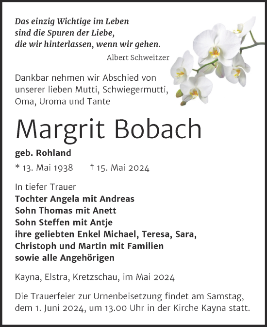Traueranzeige von Margrit Bobach von Trauerkombi Zeitz
