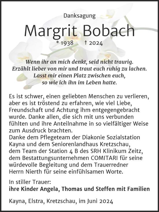Traueranzeige von Margrit Bobach von Trauerkombi Zeitz