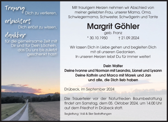 Traueranzeige von Margrit Göhler von Volksstimme Wernigerode