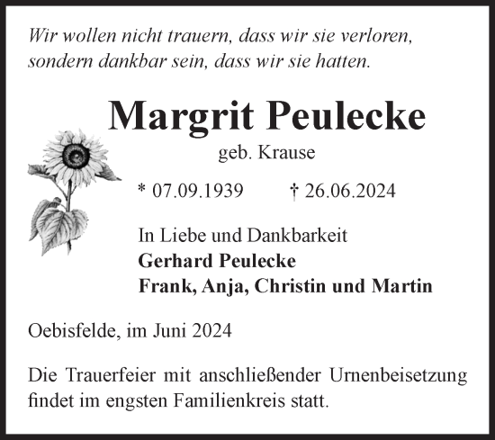 Traueranzeige von Margrit Peulecke von Volksstimme Altmark West