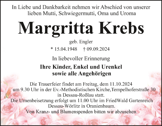 Traueranzeige von Margritta Krebs von Trauerkombi Dessau