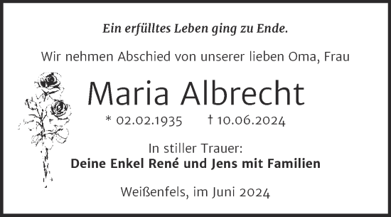 Traueranzeige von Maria Albrecht von Trauerkombi Weißenfels