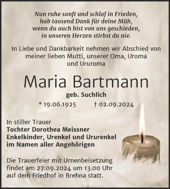 Traueranzeige von Maria Bartmann von Trauerkombi Bitterfeld