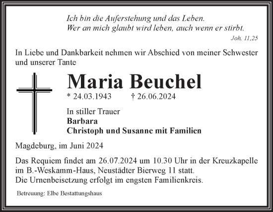 Traueranzeige von Maria Beuchel von Volksstimme Magdeburg