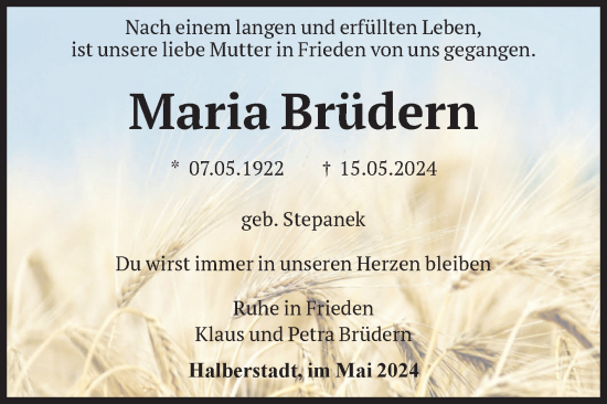 Traueranzeige von Maria Brüdern von Volksstimme Halberstadt