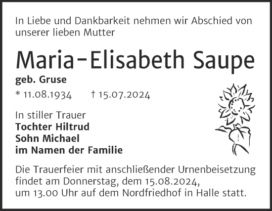 Traueranzeige von Maria-Elisabeth Saupe von Mitteldeutsche Zeitung Halle/Saalkreis