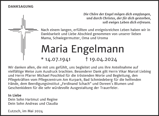 Traueranzeige von Maria Engelmann von Trauerkombi Wittenberg