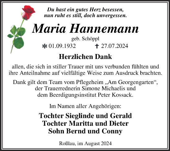 Traueranzeige von Maria Hannemann von Trauerkombi Dessau