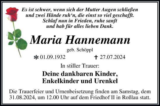 Traueranzeige von Maria Hannemann von Trauerkombi Dessau