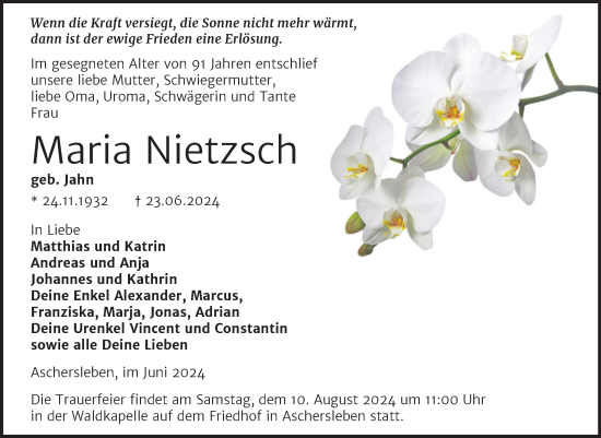 Traueranzeige von Maria Nietzsch von Trauerkombi Aschersleben