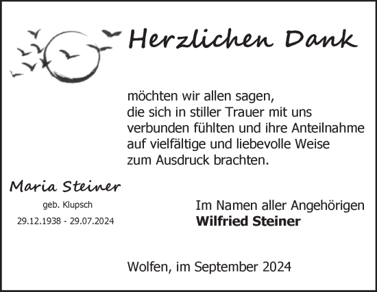 Traueranzeige von Maria Steiner von Trauerkombi Bitterfeld