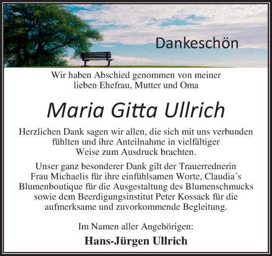 Traueranzeige von Maria Gitta Ullrich von Trauerkombi Wittenberg