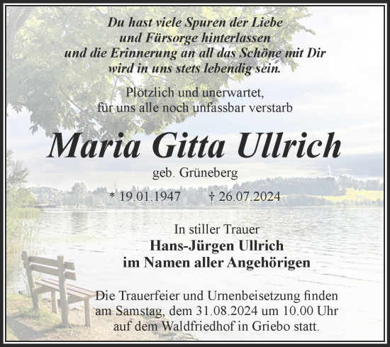 Traueranzeige von Maria Gitta Ullrich von Trauerkombi Wittenberg