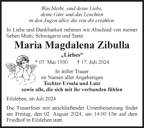 Traueranzeige von Maria Magdalena Zibulla von Volksstimme Oschersleben/Wanzleben