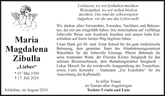Traueranzeige von Maria Magdalena Zibulla von Volksstimme Oschersleben/Wanzleben
