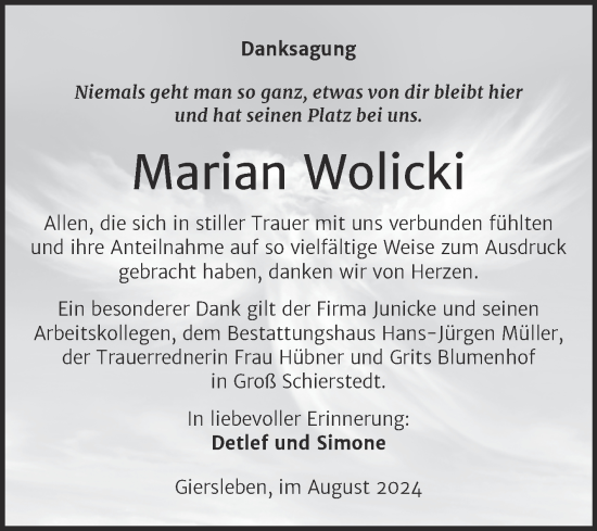 Traueranzeige von Marian Wolicki von Trauerkombi Aschersleben