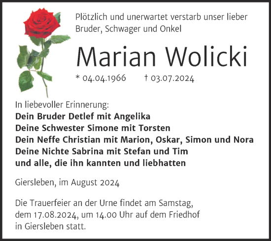 Traueranzeige von Marian Wolicki von Trauerkombi Aschersleben