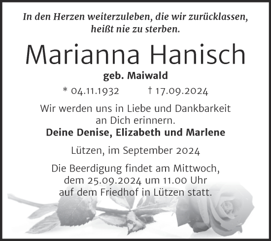 Traueranzeige von Marianna Hanisch von Mitteldeutsche Zeitung Weißenfels