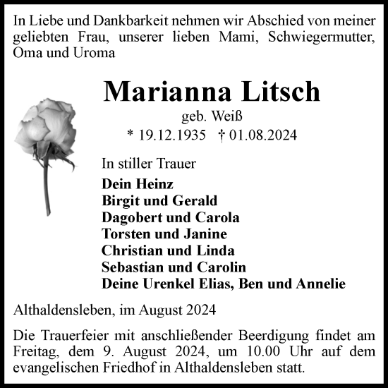 Traueranzeige von Marianna Litsch von Volksstimme Haldensleben/Wolmirstedt