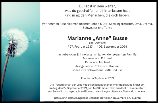 Traueranzeige von Marianne Busse von Volksstimme Altmark West