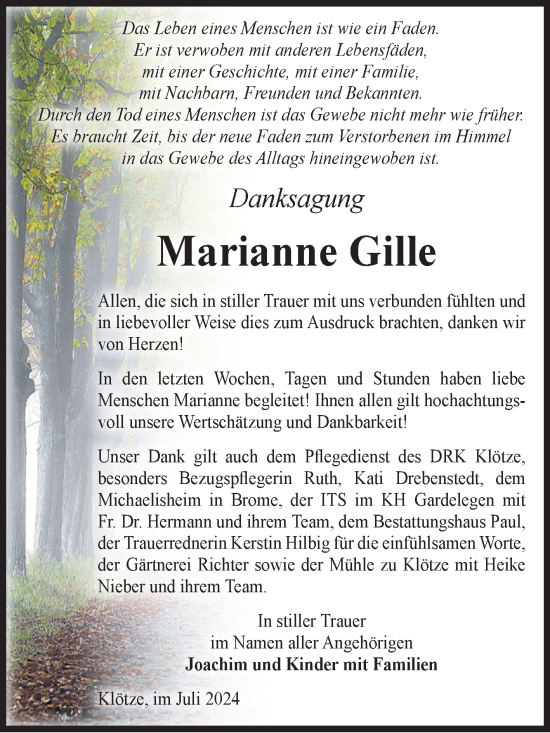 Traueranzeige von Marianne Gille von Volksstimme Altmark West