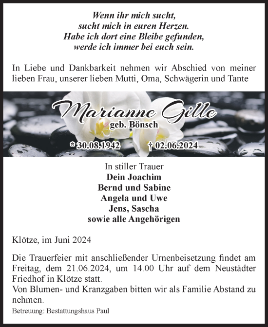 Traueranzeige von Marianne Gille von Volksstimme Altmark West