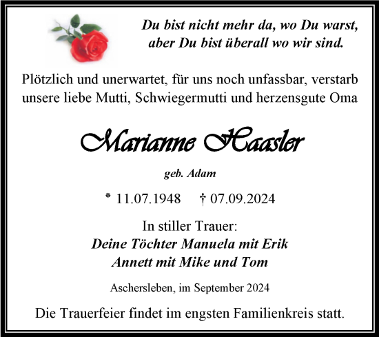 Traueranzeige von Marianne Haasler von Trauerkombi Aschersleben