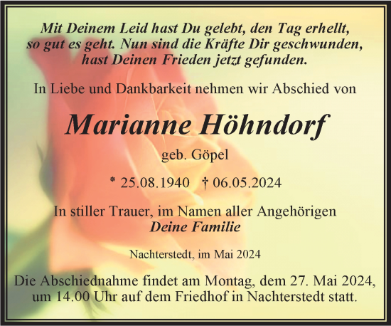 Traueranzeige von Marianne Höhndorf von Trauerkombi Aschersleben