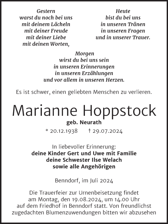 Traueranzeige von Marianne Hoppstock von Trauerkombi Mansfelder Land