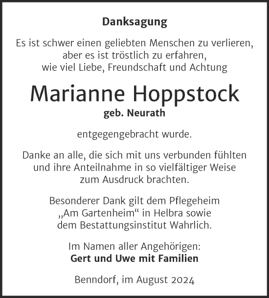 Traueranzeige von Marianne Hoppstock von Trauerkombi Mansfelder Land